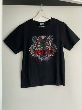 Kenzo Black Tee with Multicolor Embellished Tiger